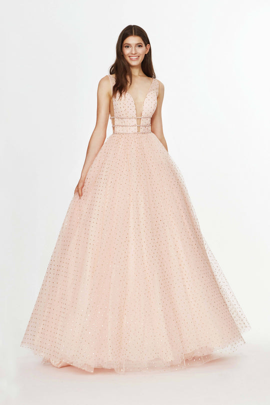 Angela & Alison - 91043 Beaded Plunging V-Neck Ballgown In Pink