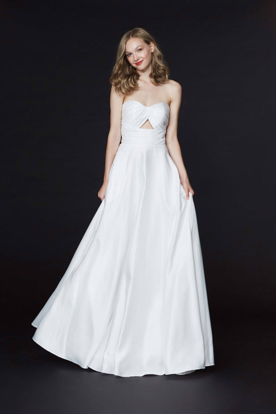 Angela & Alison - 91045 Strapless Sweetheart Keyhole Cutout Satin Gown In White