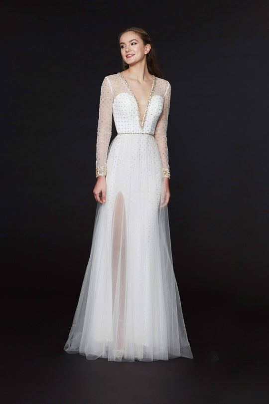 Angela & Alison - 91046 Beaded Plunging V-Neck Long Sleeves Dress In White