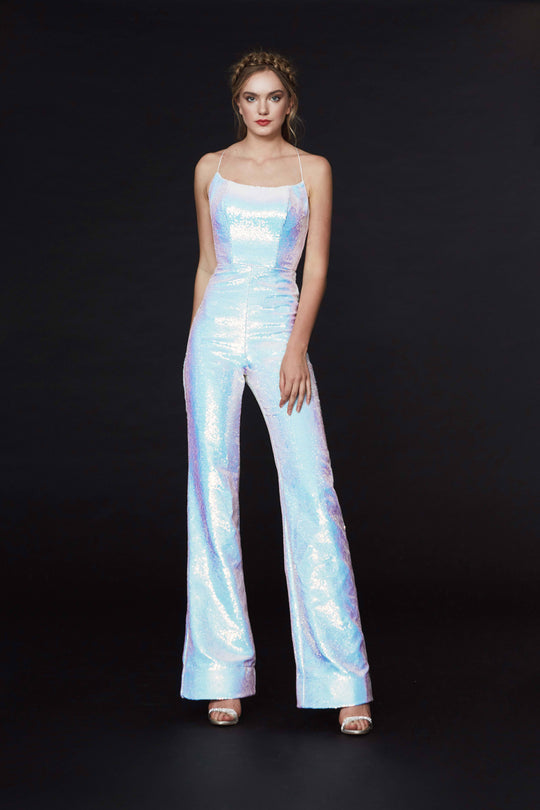 Angela & Alison - 91050 Sequined Scoop Neck Jumpsuit In Blue