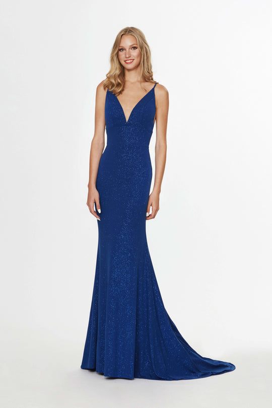Angela & Alison - 91052 V-Neck Fitted Sheath Evening Dress In Blue
