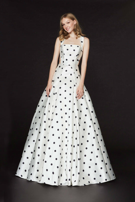 Angela & Alison - 91053 Sleeveless Polka Dot Mikado Ballgown In White