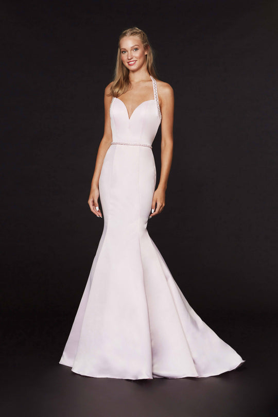 Angela & Alison - 91057 Embellished Halter Satin Mermaid Dress In Pink