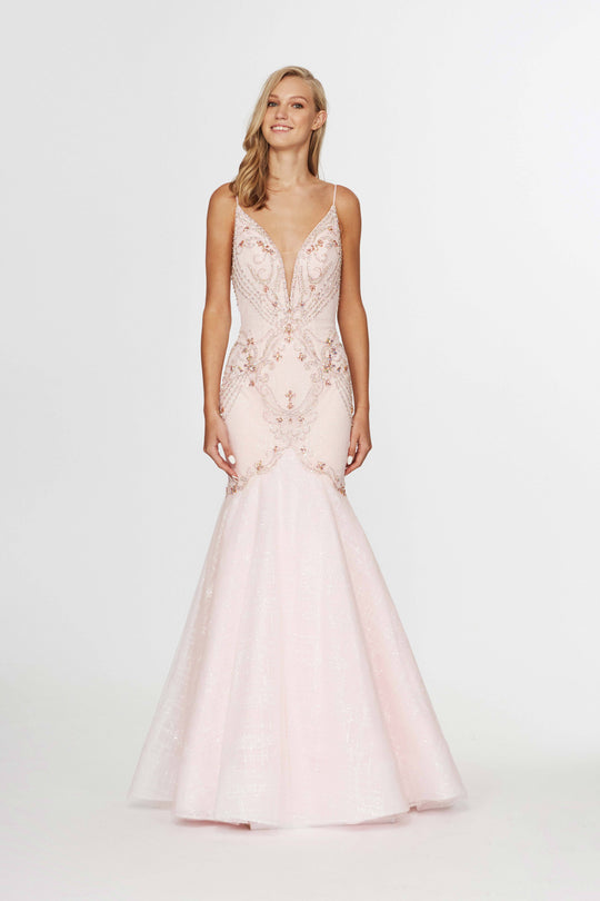 Angela & Alison - 91060 Beaded Plunging V-Neck Trumpet Gown In Pink