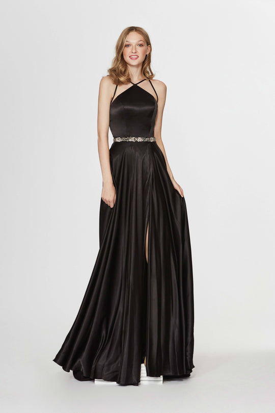 Angela & Alison - 91064 Strappy Halter A-Line Gown In Black