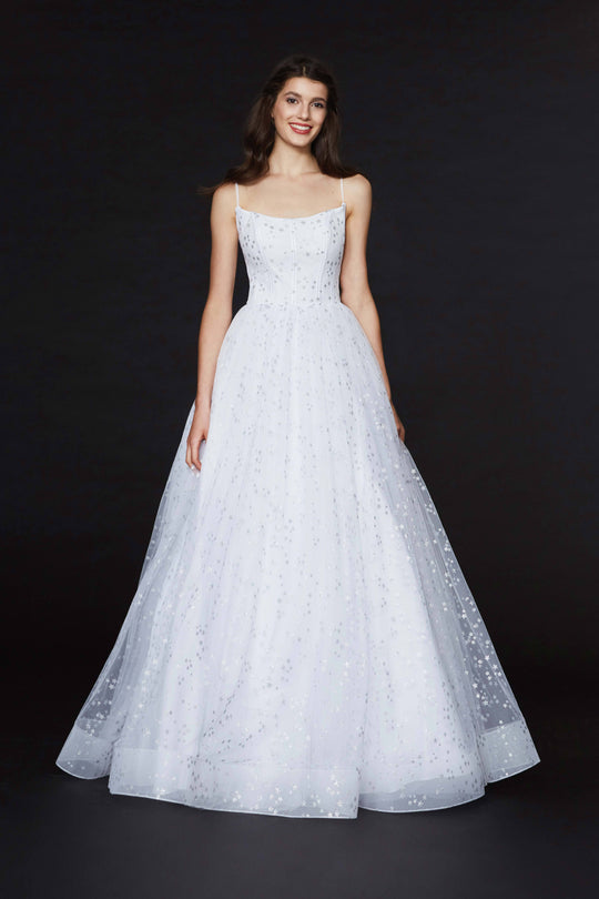 Angela & Alison - 91066 Star Embellished Ballgown With Train In White and Silver