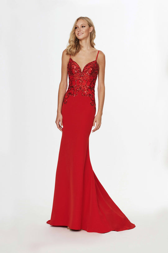 Angela & Alison - 91067 Sequined V-Neck Evening Gown In Red