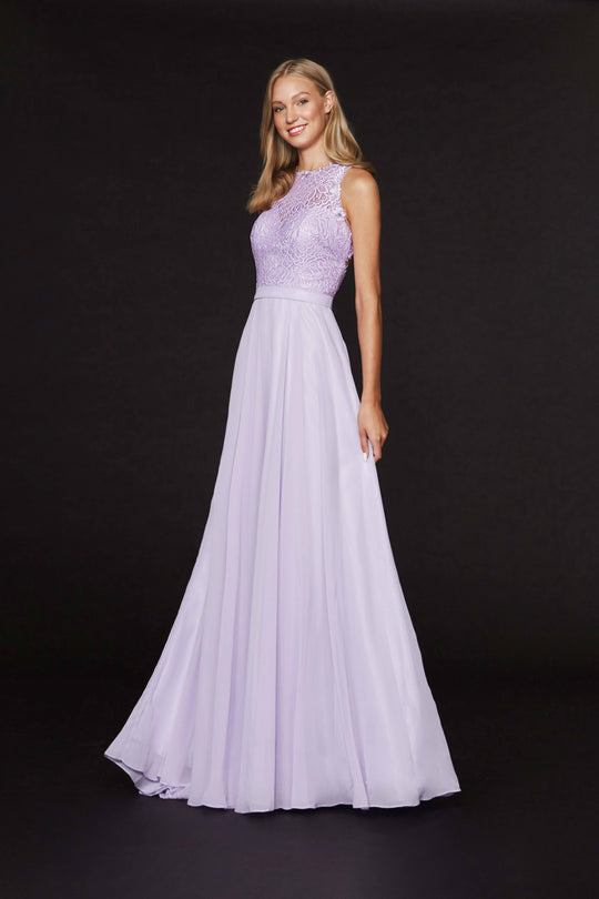 Angela & Alison - 91070 Lace Jewel Neck Chiffon A-line Dress In Purple