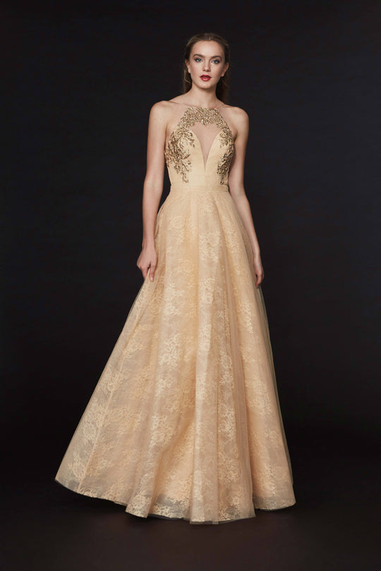 Angela & Alison - 91073 Lace Embellished Halter A-Line Gown In Gold