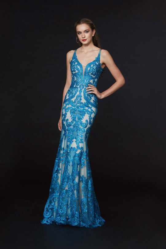 Angela & Alison - 91074 Embellished Deep V-neck Trumpet Dress In Blue