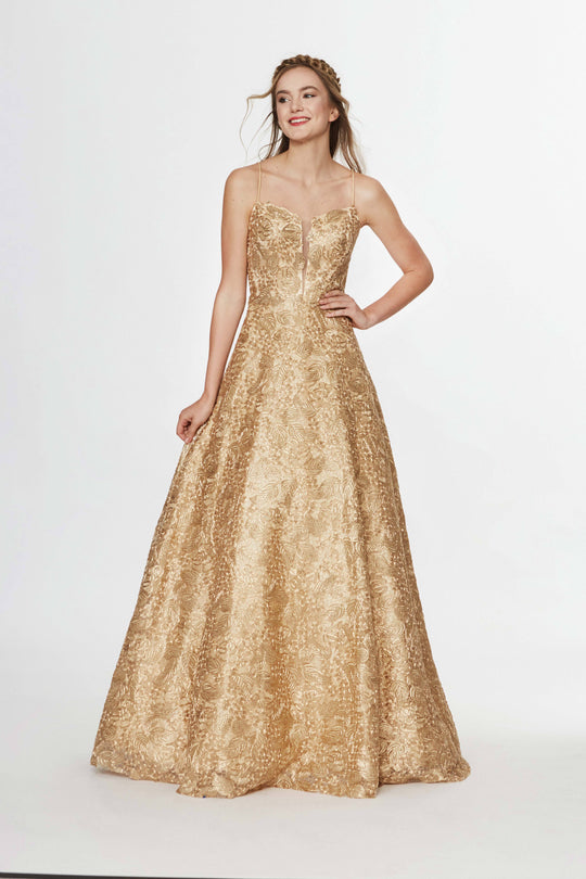 Angela & Alison - 91075 Metallic Lace V-neck A-line Dress In Gold