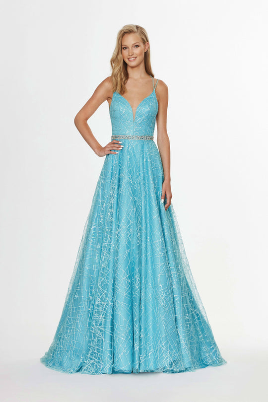 Angela & Alison - 91076 Embellished Deep V-neck Tulle Ballgown In Blue and Green