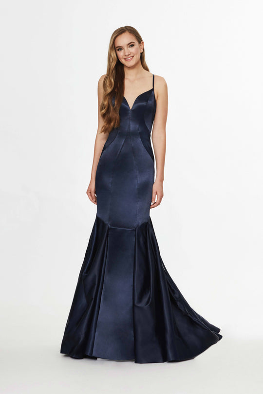 Angela & Alison - 91077 Plunging V-neck Satin Mermaid Dress In Blue