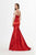 Angela & Alison - 91077 Plunging V-neck Satin Mermaid Dress In Red