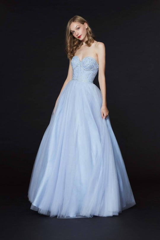 Angela & Alison - 91083 Strapless Beaded Sweetheart Tulle A-line Gown In Blue