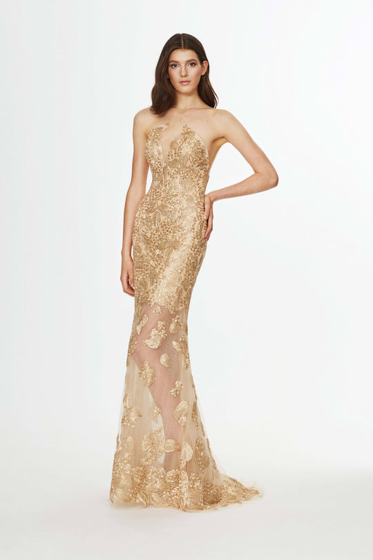 Angela & Alison - 91084 Metallic Lace Halter Trumpet Dress In Gold