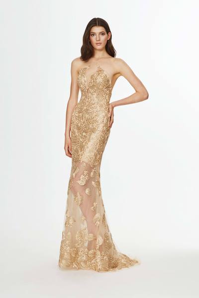 Angela & Alison - Metallic Lace Halter Trumpet Dress 91084 In Gold