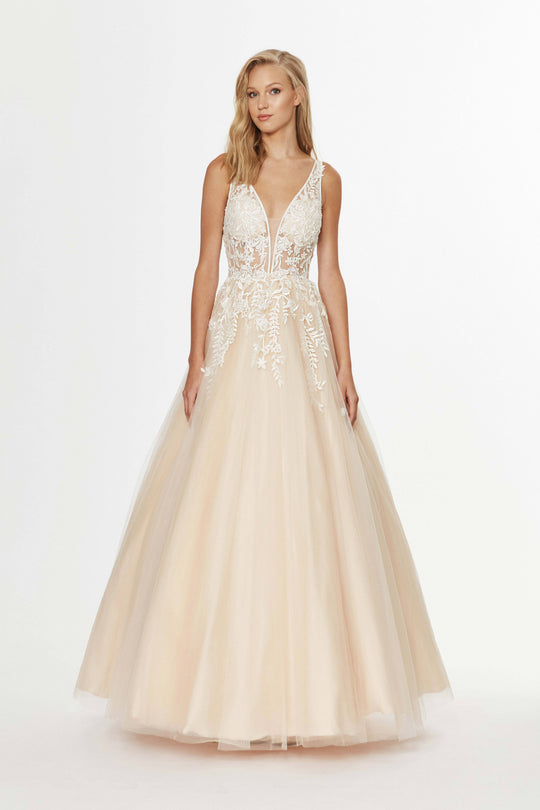 Angela & Alison - 91085 Lace Embroidered Deep V-neck Tulle Aline Dress In White