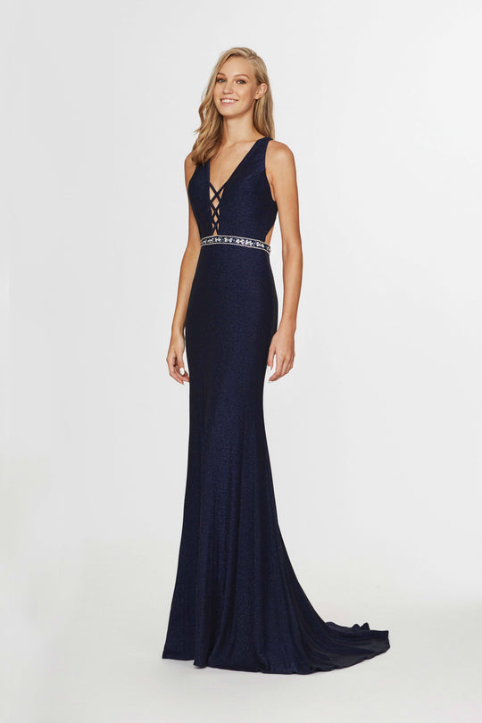 Angela & Alison - 91086 Deep V-neck Shimmer Knit Trumpet Dress In Blue