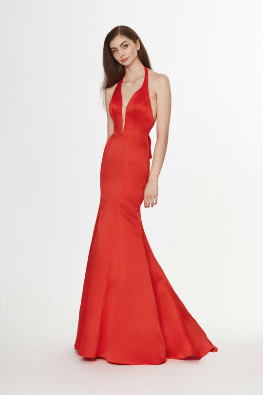Angela & Alison - 91089 Deep Halter V-neck Satin Mermaid Dress In Red