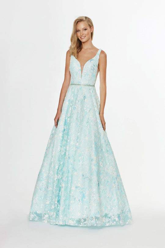 Angela & Alison - 91091 Embellished Deep V-neck A-line Dress In Blue and Green