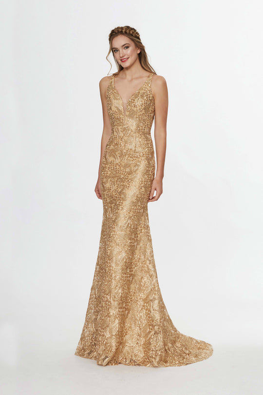 Angela & Alison - 91093 Metallic Lace Plunging V-neck Trumpet Dress In Gold