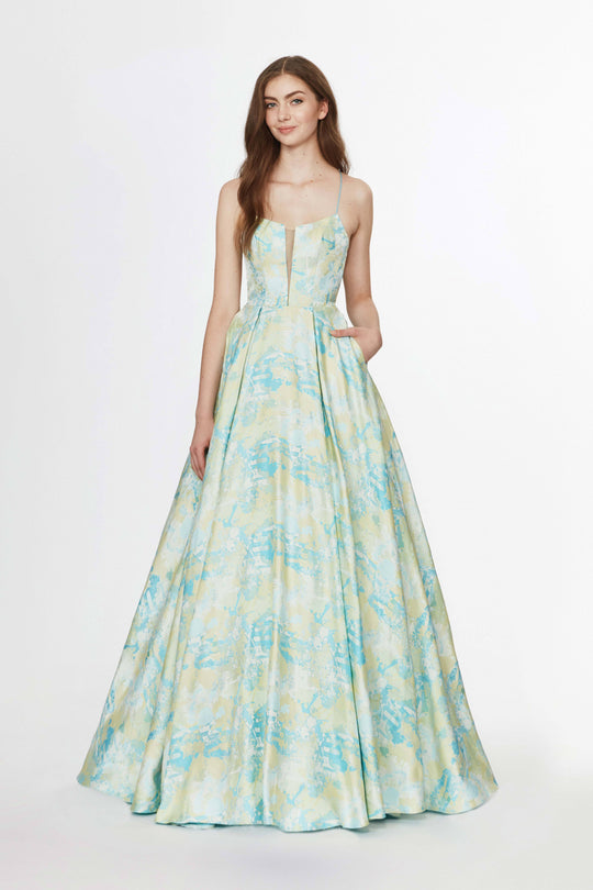 Angela & Alison - 91094 Two tone V-neck Printed A-line Dress In Blue and Green
