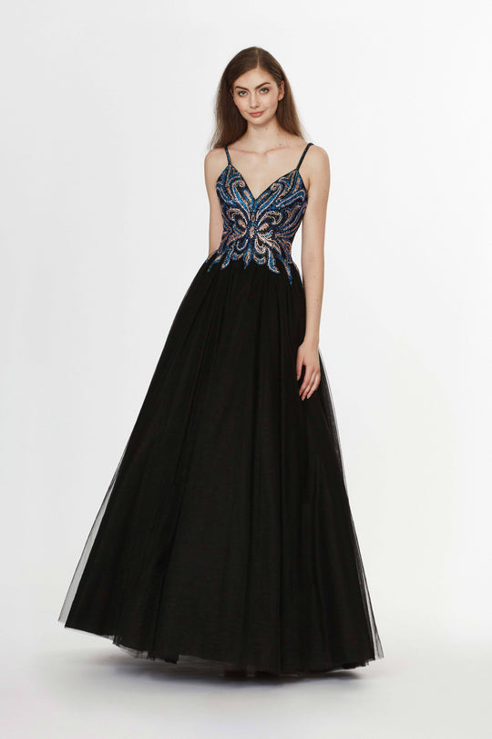 Angela & Alison - 91096 Multicolored Embellished V-neck Ballgown Dress In Black and Multi-Color