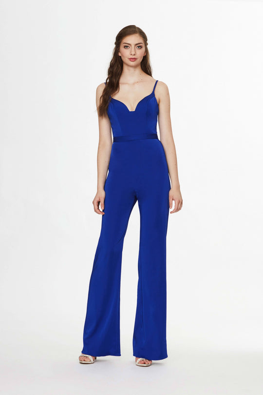 Angela & Alison - 91098 Plunging V-neck Stretch Crepe Jumpsuit In Blue