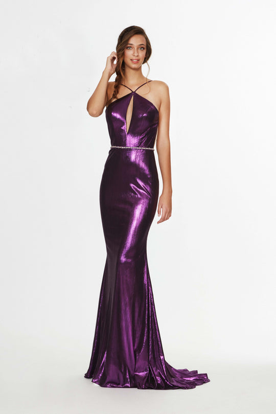 Angela & Alison - 91100 Halter Metallic Shimmer Trumpet Dress In Purple