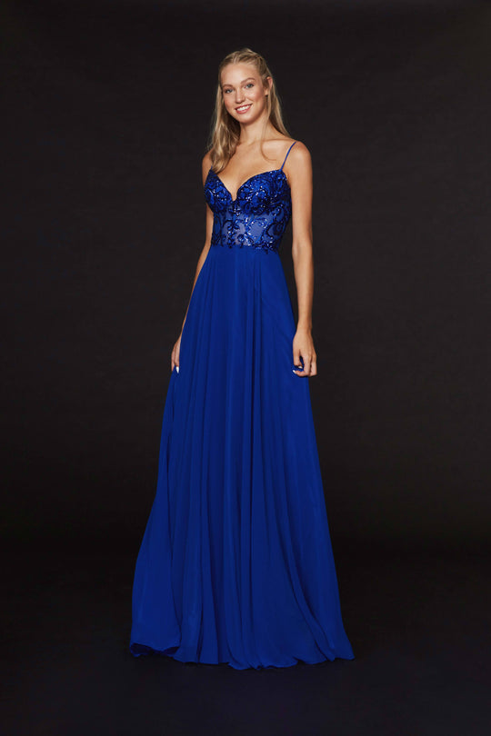 Angela & Alison - 91101 Sequined V-neck Chiffon A-line Dress In Blue