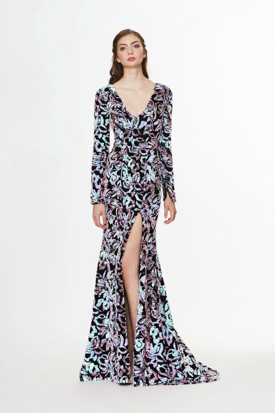 Angela & Alison - 91105 Sequined Long Sleeve V-neck Trumpet Dress In Blue and Black