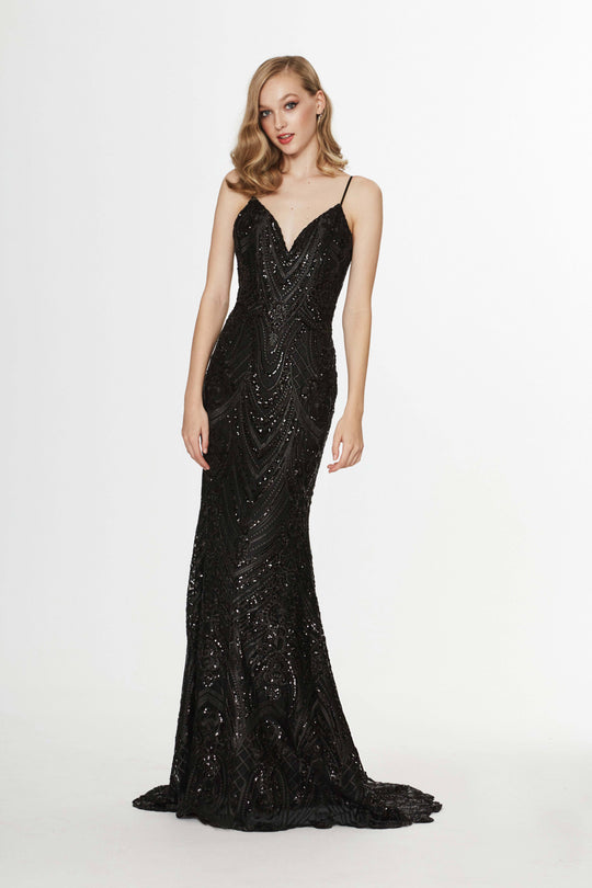Angela & Alison - 91107 Bedazzled Plunging V-neck Trumpet Dress In Black