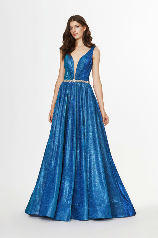 Angela & Alison - 91108 Satin Deep V-neck A-line Dress In Blue