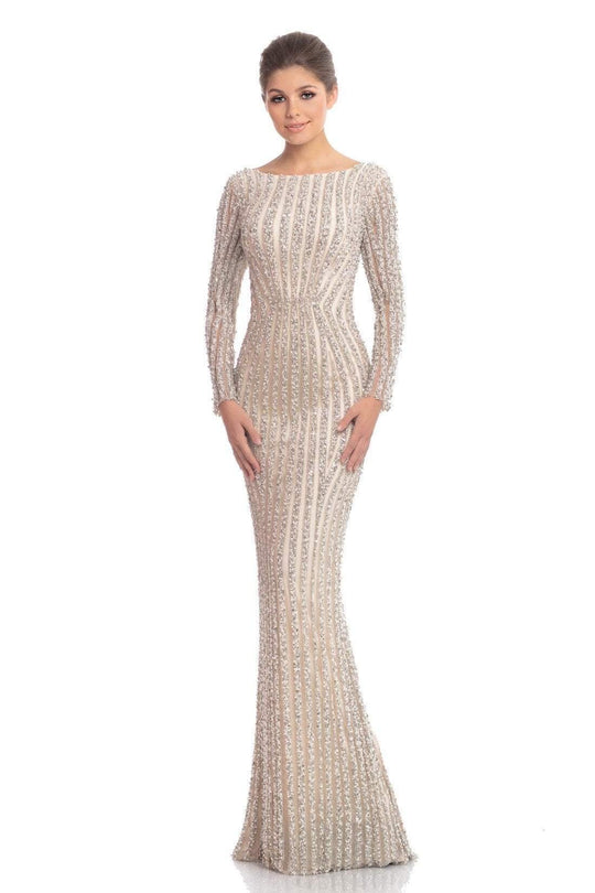 Johnathan Kayne - 9110 Embellished Long Sleeve Bateau Trumpet Dress In Neutral