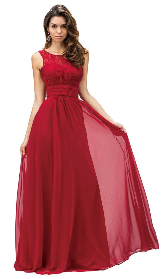 Dancing Queen - 9111 Ruched Illusion Lace Scoop Chiffon Prom Dress In Red