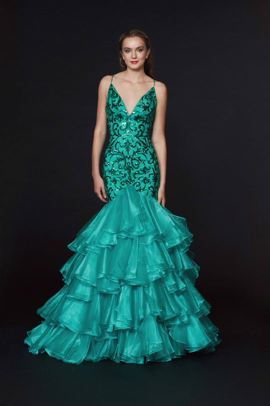 Angela & Alison - 91113 Embellished V-neck Tiered Mermaid Dress In Green