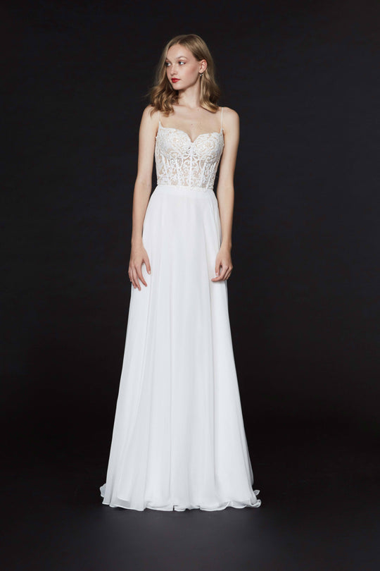 Angela & Alison - 91114 Embroidered Sweetheart Chiffon A-line Dress In White