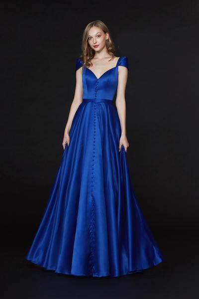 Angela & Alison - 91120 Cap Sleeve V-neck Soft Satin A-line Dress In Blue
