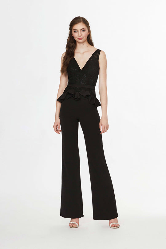 Angela & Alison - 91121 Lace Plunging V-neck Ruffled Peplum Jumpsuit In Black