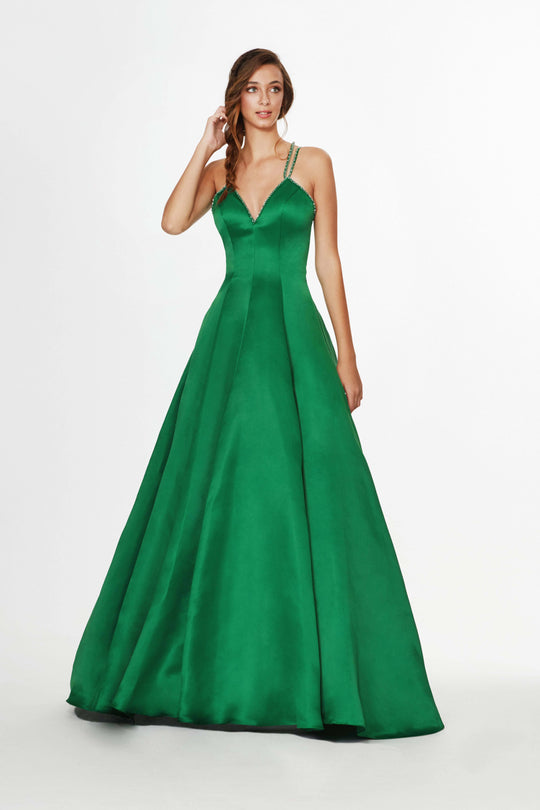 Angela & Alison - 91122 Embellished Plunging V-neck Satin A-line Dress In Green