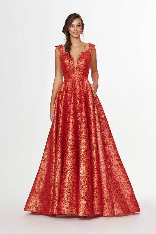 Angela & Alison - 91124 Two Tone Shimmering Stretch Lace A-line Dress In Red and Gold