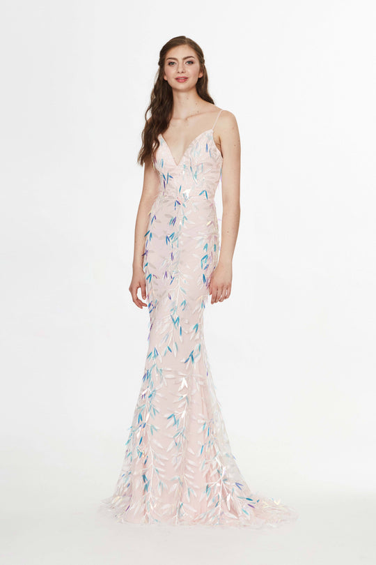 Angela & Alison - 91126 Applique Plunging V-neck Trumpet Dress In Pink