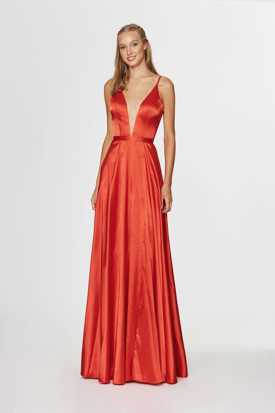 Angela & Alison - 91129 Plunging V-Neck Charmeuse Gown In Red