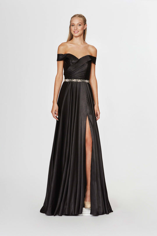 Angela & Alison - 91132 Ruched Off-Shoulder Charmeuse A-line Dress In Black