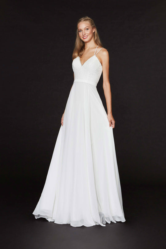 Angela & Alison - 91133 Lace V-neck Chiffon A-line Dress In White