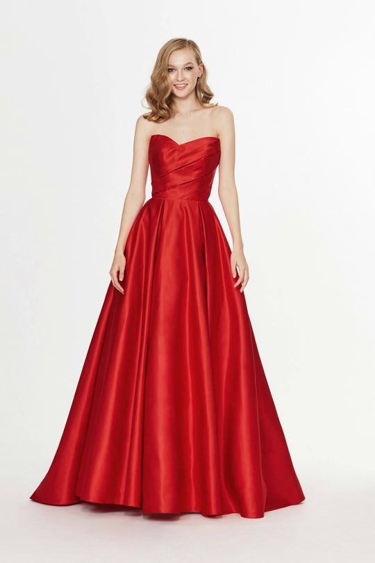 Angela & Alison - 91137 Strapless Asymmetrical Pleated Ballgown In Red