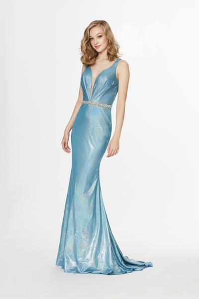 Angela & Alison - 91138 Crystal Beaded Deep V-neck Trumpet Gown In Blue