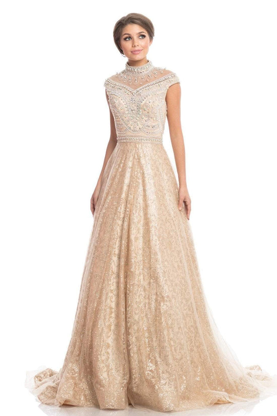 Johnathan Kayne - 9114 Embellished High Neck Ballgown With Train In Gold