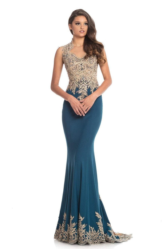 Johnathan Kayne - 9115 Gold Applique Queen Anne Trumpet Dress In Green and Gold